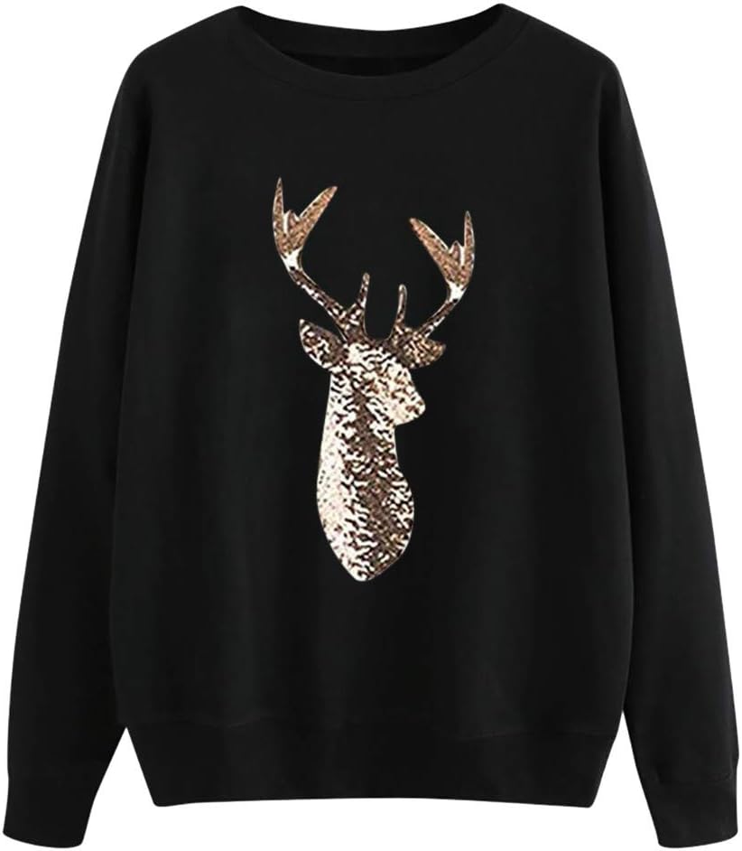 Whycat Christmas Sweatshirt Sequin Reindeer Women, Xmas Glitter Elk Plain Sweatshirt Pullover Long Sleeve T-Shirts Cute Girls School Casual Christmassy Jumper Tops Plus Size