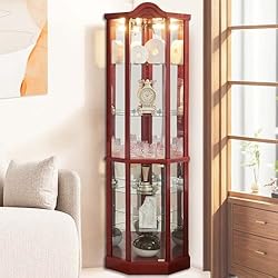 Firscook Curio Cabinet,Lighted Wooden Corner Curio