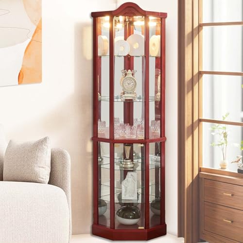 Firscook Curio Cabinet,Lighted Wooden Corner Curio