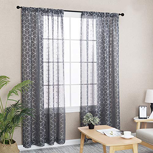 Grey Sheer Curtains For Living Room Foil Print Voile 95 Inches