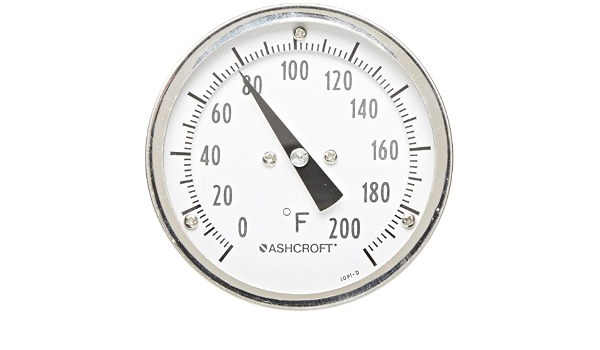 Ashcroft Ei Series Bimetal Thermometer, 3" Dial Size, 1/2" Npt Rear Stem Connection, 2-1/2" Stem Length, 0°F-200°F Temperature Range (759426908482)