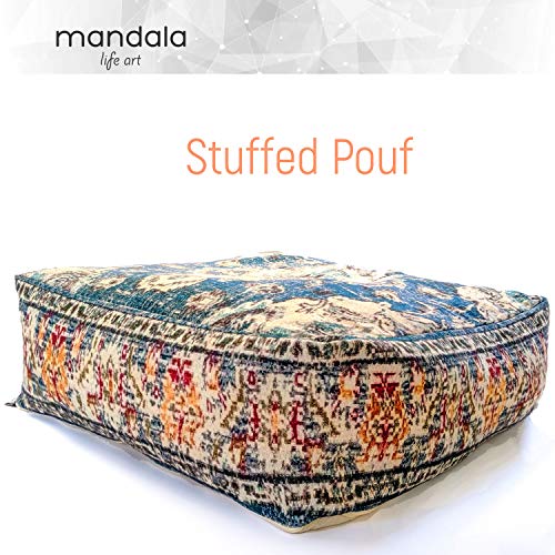 Mandala Life ART Bohemian Yoga Decor Pouf Ottoman - Stuffed - Round Meditation Pillow - Hand Printed Organic Cotton Floor Cushion