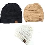 Trendy Warm Chunky Soft Stretch Cable Knit Slouchy Beanie Skully HAT20A (One Size, 3 Pack- Navy/NewBeige/Ivory)