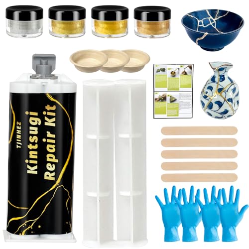 Kintsugi Repair Kit - Food Safe Japanese Art Craft Kit for Broken Ceramics, Glass, Jade & Sculptures - Gold Glue for Ceramics & Kintsugi Adhesive for Porcelain Repair & Restoration (Gold & Silver)