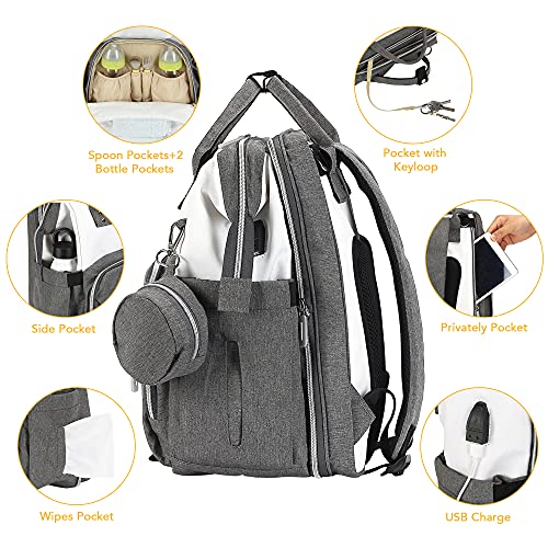Diaper Bag Backpack,3 in 1 Baby Multifunction Travel Backpack with Portable Changing Station,Pacifier Case and Built-in USB,Large Unisex Baby Bags,Large Capacity,Waterproof,White+Grey