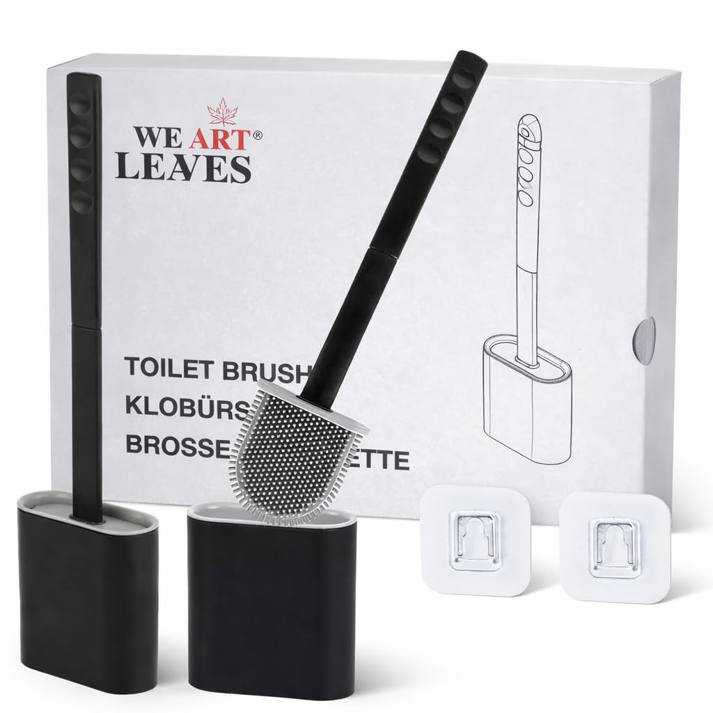 Silicone Toilet Brushes & Holders – Pack of 2 Long Non-Slip Handle, Flexible Bristles for Easy Cleaning – Modern Drip-Free Base, Durable Black Bathroom Toilet Brush Set With Holder