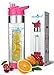 AquaFrut Bottom Loading Fruit Infuser Water Bottle - BPA Free Tritan Plastic - Leak Proof - 24 OZ - Infusion Recipe eBook Included (Dark Pink)