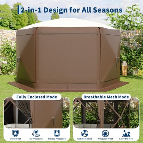 IDEALHOUSE 13x13FT Pop Up Gazebo Tent, 2-in-1 Screen Tent Gazebo, Khaki | with Removable Sidewalls & Mosquito Netting, All-Weather Dining Tents for Camping Ourside Backyard Lakeside Lawn