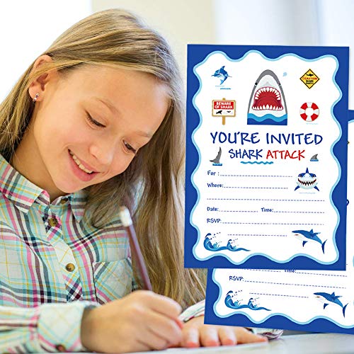 image for TONIFUL 25 Pcs Shark Party Invitation,Fill in Shark Party or Birthday 