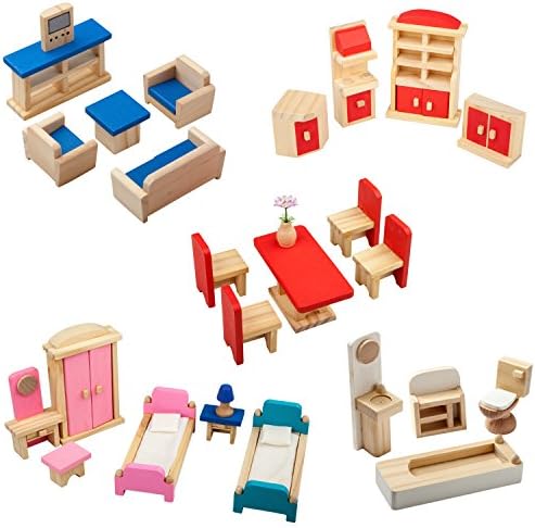 Giraffe 5 Set Colorful Wooden Doll house Furniture, Wood Miniature Bathroom/ Living Room/ Dining Room/ Bedroom/ Kitchen House Furniture Dollhouse Doll Decoration accessories Pretend Play Kids Toy