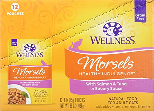 WELLNESS HEALTHY INDULGENCE NATURAL GRAIN FREE MORSELS WITH SALMON & TUNA IN SAVORY SAUCE WET CAT FOOD, 3 OZ., CASE OF 12