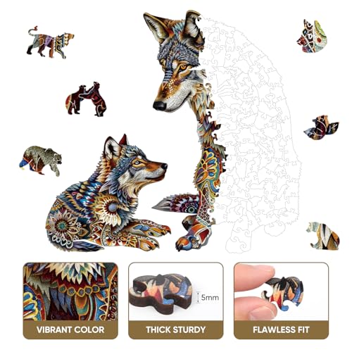 MYS A·U·R Wooden Puzzles for Adults Mandala Wolf Family Jigsaw Puzzles 500Pcs Unique Shapes Animal Puzzles Fabulous Gift for Kids and Adults on Birthday,Thanksgiving,Christmas 17.6x16.5 Inches