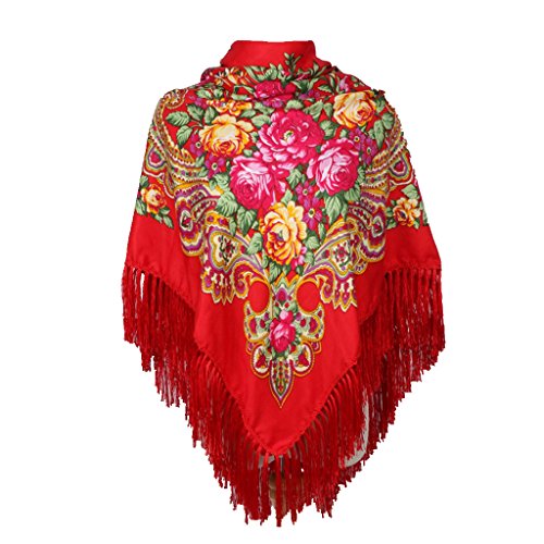 COSAUG Traditional Ukrainian Scarf and Wrap With Tassel Pavlovo Posad Shawl For Women Square Size (Red)