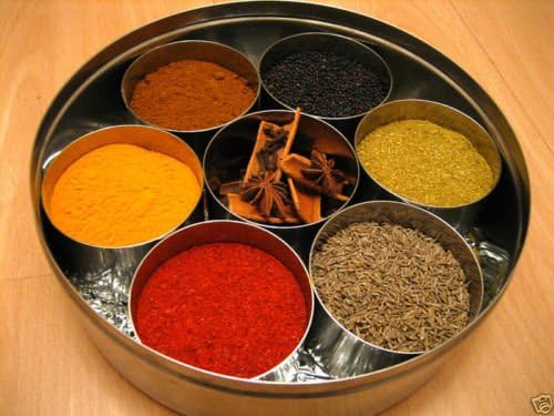 Indian Haveli para especias de acero inoxidable para especias Masala Dabba caja de metal 200 mm **TAMAÑO GRANDE** | incluye 10 especias | Incluye 7 compartimentos de acero inoxidable | Incluye tapa
