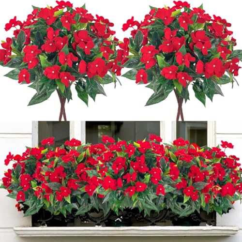 Laelfe Outdoor Artificial Flowers, 2 Packets UV Resistant Artificial Plastic Fake Flowers for Outdoors, Balcony, Garden, Window (Red)