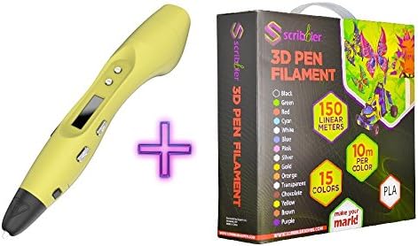 Scribbler 3D Pen V3 set Bundled with 500 ft of PLA plastic filament! New Awesome Design Model Printing Drawing 3D Pen with LED Screen Great Gift-Yellow