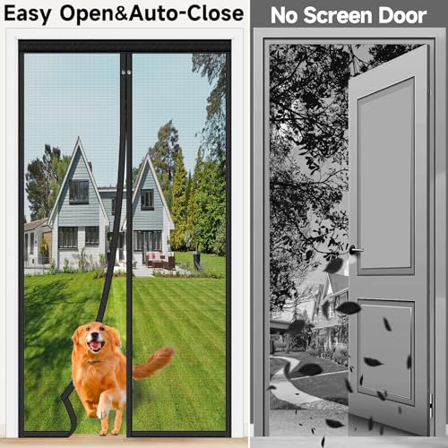 Magnetic Fly Screen Door, Fibreglass Mesh with Full-Length Magnets, NO Gap Auto Closes Kid and Pet Friendly Patio Exterior Door Curtains to Stop Flies Without Drilling (90x200cm, Black)