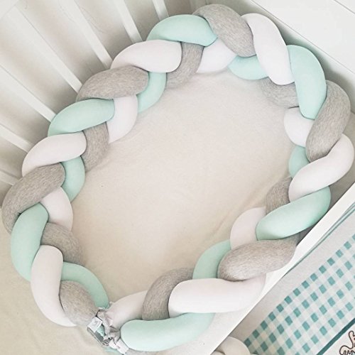 LOAOL Baby Crib Bumper Knotted Braided Plush Nursery Cradle Decor Newborn Gift Pillow Cushion Junior Bed Sleep Bumper (4 Meters, White-Gray-Green)