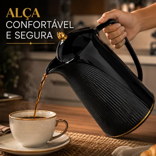 Garrafa Térmica Preta 1L Retrô com Ampola de Vidro Design Elegante Vintage para Café Chá Mesa Posta Luxo