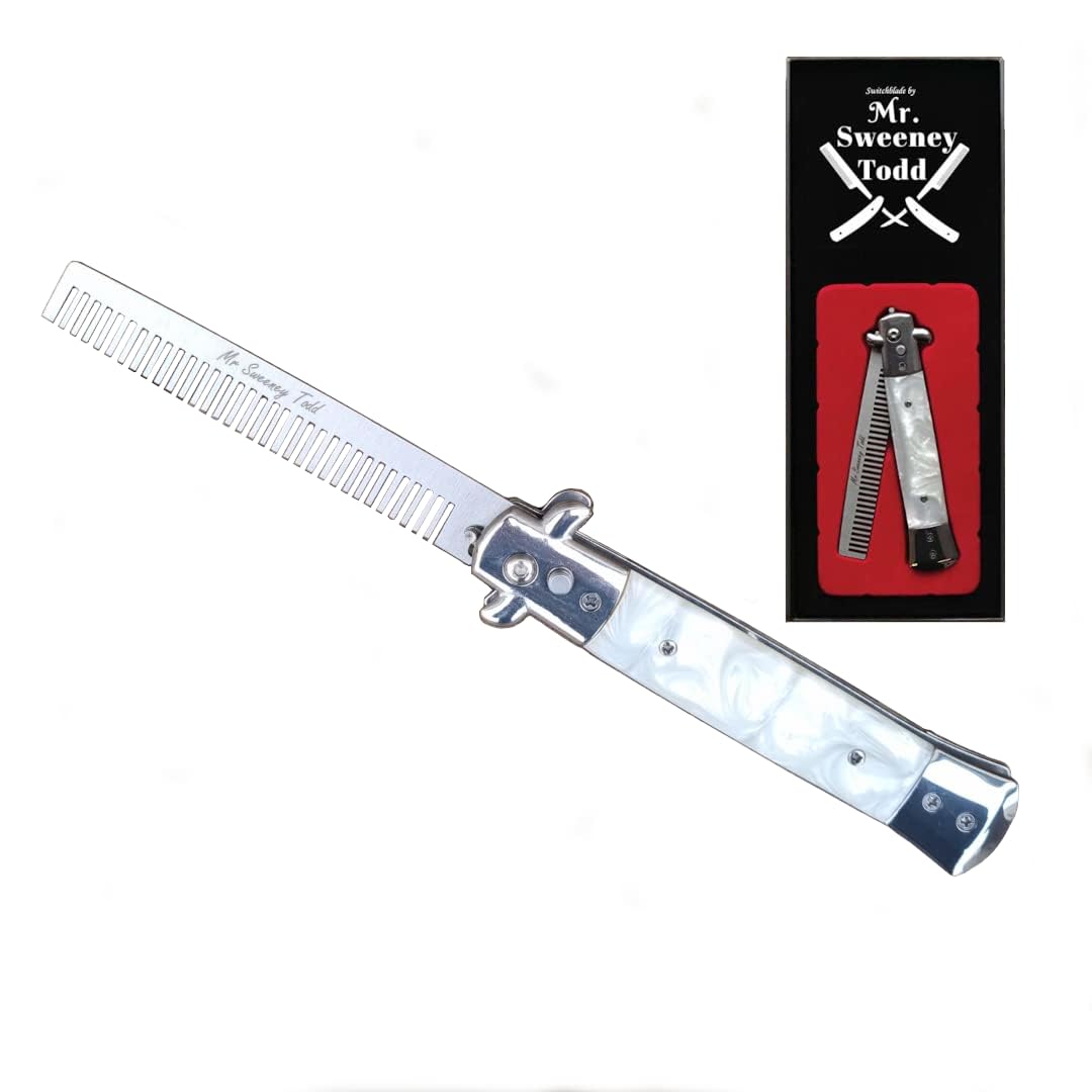 Stainless Steel Switchblade Foldable Comb (White) - Push Button - Mr Sweeney Todd Flick Comb/Display Box