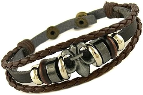 Multi Strand Biker Brown Leather Bracelet with Fluer De Lis