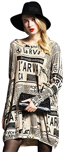 ilishop Women's Baggy Newspaper Print Knit Pullover Dress OneSize Sweaters Apricot Free