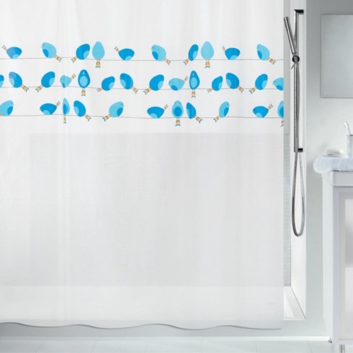 Spirella 1018685 10.18685 PEVA Shower Curtain, Bird Pattern, Blue, 180 x 200 cm