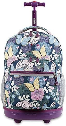 Kids Purple Butterfly Floral Theme Rolling Backpack, Girls School Bag, Pretty Butterflies Suitcase, Wheeling Luggage, Duffel Wheels, Garden Flowers, Fashionable, Lightweight