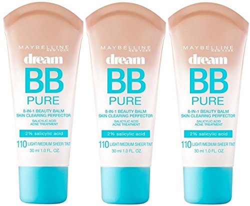 Maybelline Dream Pure BB 8-in-1 Skin Clearing Perfector LIGHT/MEDIUM #110 (PACK OF 3) PLUS A FREE MUA LIP BALM