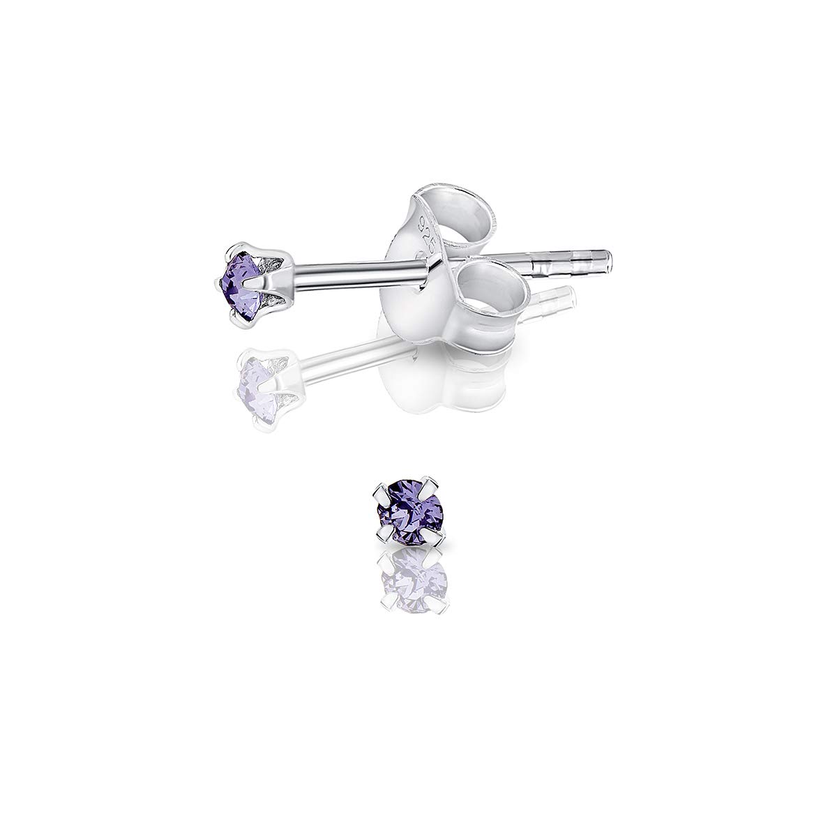 925 Sterling Silver Round Tiny Stud Earrings made with Glittering Crystals - Small Silver Studs Earrings for Woman - Diameter: 2 mm - Colour : Tanzanite