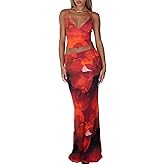 Womens Maxi Skirt Set Y2K Floral Print Halter Top Long Skirt V-Neck Cami Top Slim Fit Pencil Skirts Sets