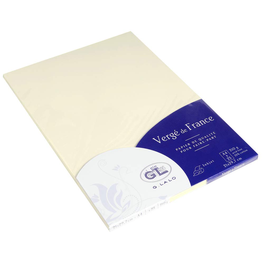 Lalo 41016L - Verge De France. Pack of 25 Single Cards. Size: A4 21x29.7 cm 210g, Laid de France, Ivory, Lined, Correspondence, Sheets, Paper Made in France