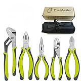 PLIERS SET - 5 Pc Multiple Plier Kit - FREE Handy Tool Roll Organizer - Slip Joint, Diagonal Cutting, Long Nose, Lineman, Groove Joint - Confort, Rubberized, Anti-Slip Grips - Lifetime MB and Warranty