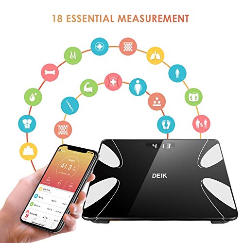DEIK Body Fat Scale, Bluetooth Bathroom Scale with Smartphone APP, 18 Body Composition Measurement, High Precision Sensors, LCD Backlit Display, Include 3 AAA Batteries, Black