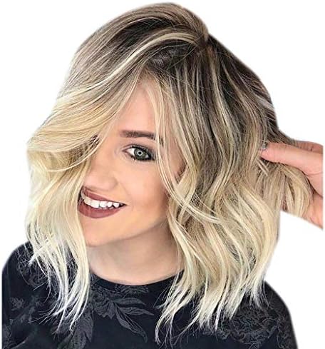 💋Wigs Natural Mix Colors Gold Gradient Short Curly Hair Synthetic Wig Women Full Wigs (Gold)
