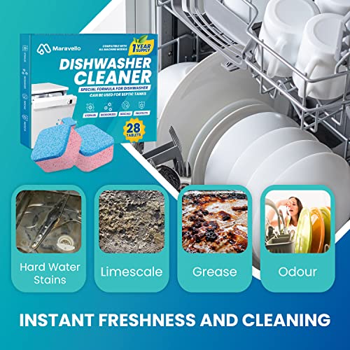 Maravello Dishwasher Cleaner And Deodorizer, Extra Clean Dishwasher Tablets, Remove Limescale, Grease and Odor, Septic Tank Safe- 28 Tablets, 12 Months Supply