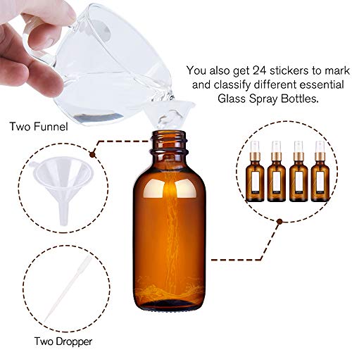 PrettyCare Glass Spray Bottles for Essential Oil 2 oz 12 Pack (Unique Amber Bottle with Golden Caps & 2 Extra Sprayer, 24 Labels and Funnels) Small Refillable Fine Mist Dispenser for Cleaning Product