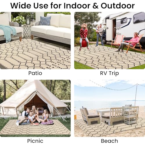 Homaxy Outdoor Rug Weatherproof 120 x 180 cm, Both Sides Usable, Waterproof, Bohemian Carpet for Patio, Garden, Balcony, Camping, Picnic, Beige