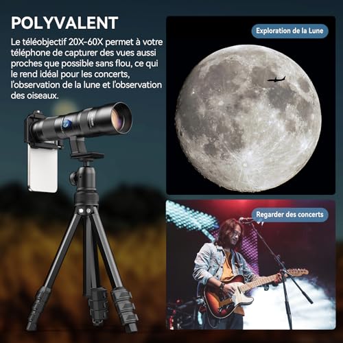 Evil Eye Zoom Telephoto Lens 20-60X High Magnification/High Quality with Tripod Perfect for School Shows/Sports Days/Observation/Concerts