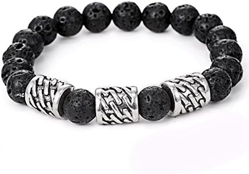 HOPIE Mens Black Lava Energy Stone Male 10mm Gemstone Beads Bracelet Elastic Stretc