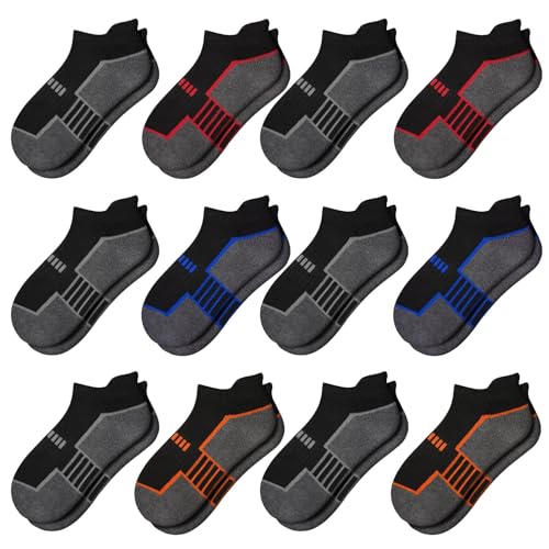 Comfoex 12 Pairs Boys Socks - Ankle Low Cut Athletic Half Cushioned Short Socks For Kids 4-6, 6-8, 8-10 Years Old