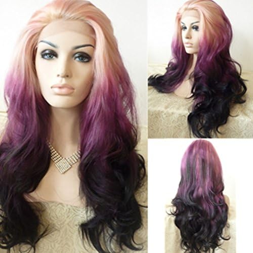 Superwigy Long Curly Lace Synthetic Wig Omber Blonde to Purple to Black Color Free Part for Women
