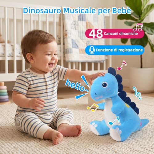 Tokiyis Giochi Neonato 6 Mesi, Dinosauro Peluche Interattivo Musicale Strisciare per Tummy Time, Giocattolo per Imparare a Strisciare da 6 7 8 9 10 12 Mesi, Regalo per Bambini Giocattolo 1 2 3 Anni