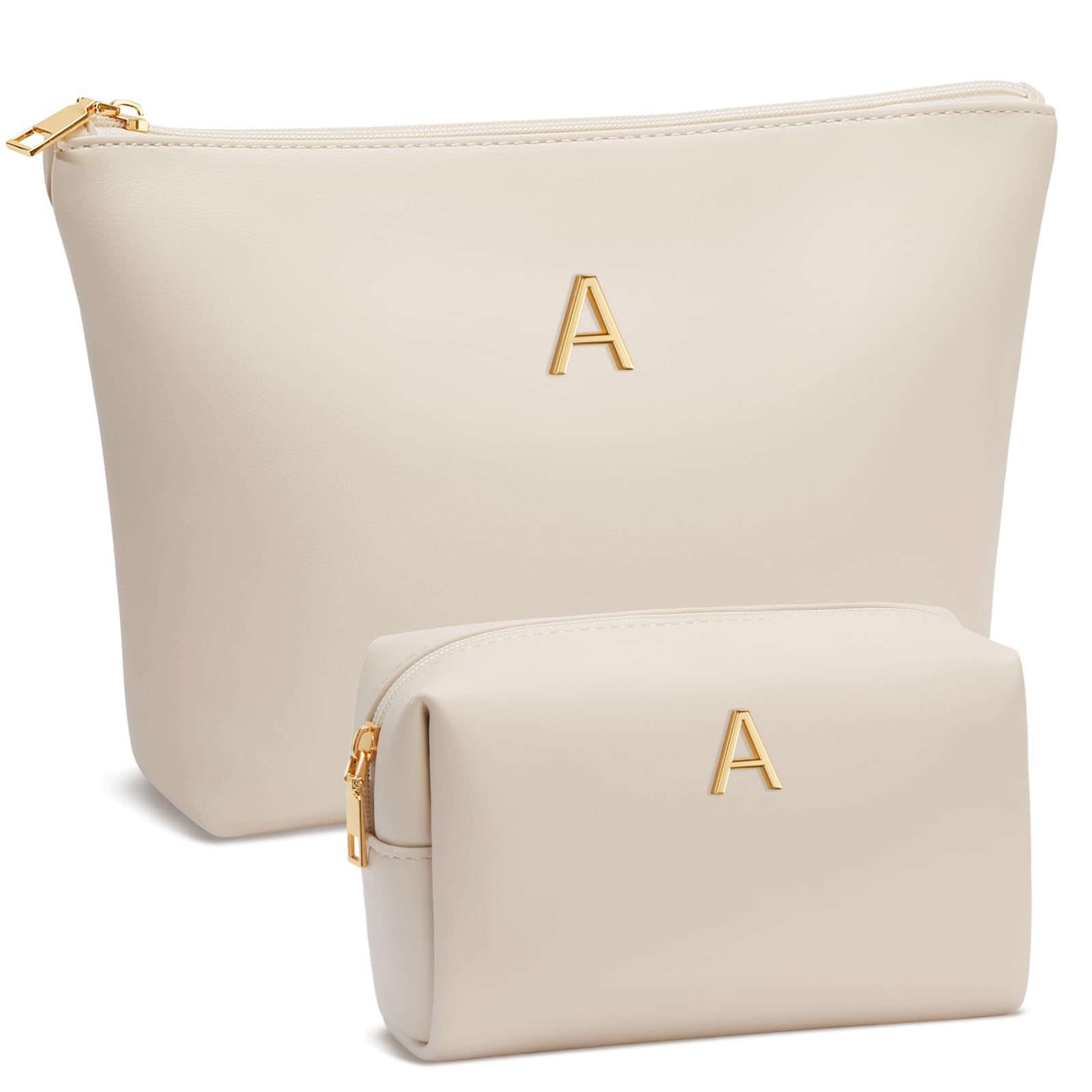 Photo 1 of CLOUDWINGS Women Gifts | Initial Makeup Bag Set for Girl Personalized Gifts for Bridesmaid Friend Graduation Teachers PU Leather Cosmetic Travel Toiletry Bag(Beige,A)