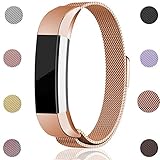 Maledan Metal Bands Compatible with Fitbit Alta and Alta HR, Stainless Steel Milanese Loop Replacement Accessories Bracelet Strap with Unique Magnet Lock for Fitbit Alta/Alta HR, Rose Gold, Small