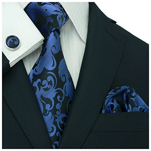 Landisun Paisleys Mens Silk Tie Set: Necktie+Hanky+Cufflinks 89F Navy Blue Black, 3.25”Wx59“L