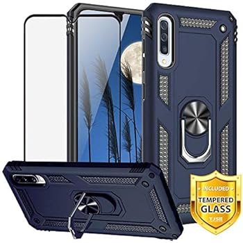 TJS Phone Case for Samsung Galaxy A50 2019, with [Full Coverage Tempered Glass Screen Protector][Impact Resistant][Defender][Metal Ring][Magnetic Support] Heavy Duty Armor Protector Cover (Blue)
