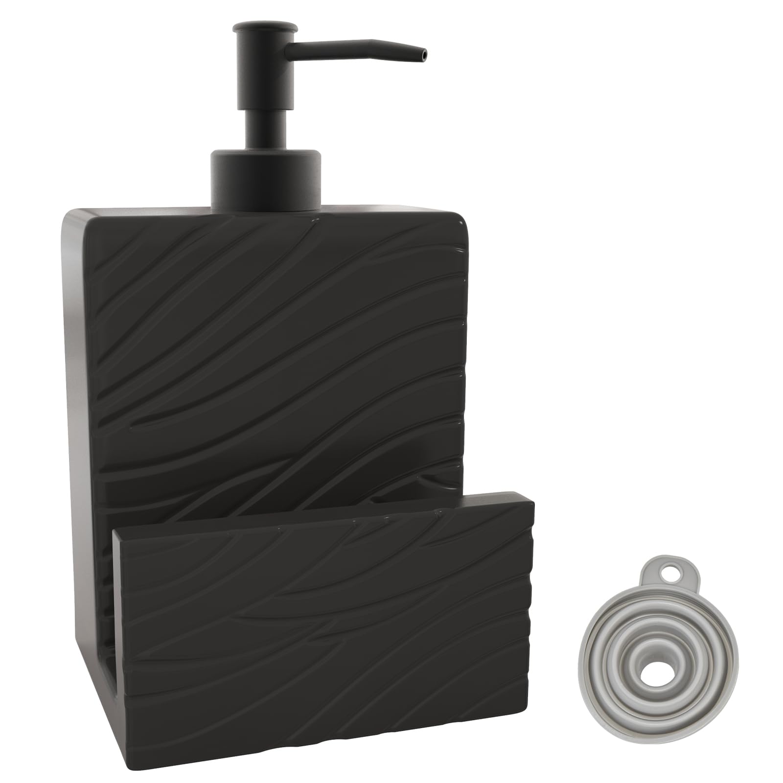 Karisky Dish Soap Dispenser and Sponge Holder, Matte Ceramic Hand Soap Dispenser for Kitchen Sink, Farmhouse Liquid Soap Dispenser Pump for Kitchen Countertop, Bathroom (Black Wavy)