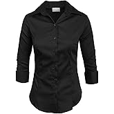 NE PEOPLE Button Down Shirt - Women's 3/4 Sleeve Roll Up Stretch Collar Office Work Formal Casual Basic Blouse Top (S-6XL)