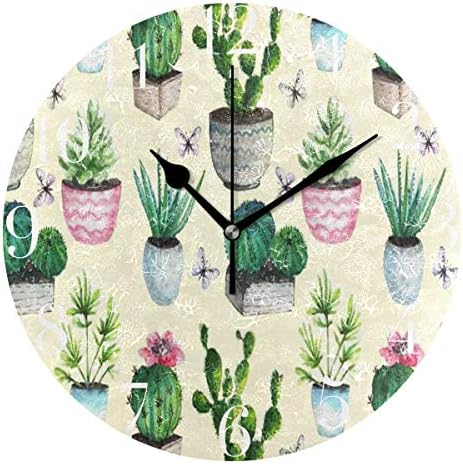 FunnyCustom Round Wall Clock Cactus Succulent Boho Style Acrylic Creative Decorative for Living Room/Kitchen/Bedroom/Family